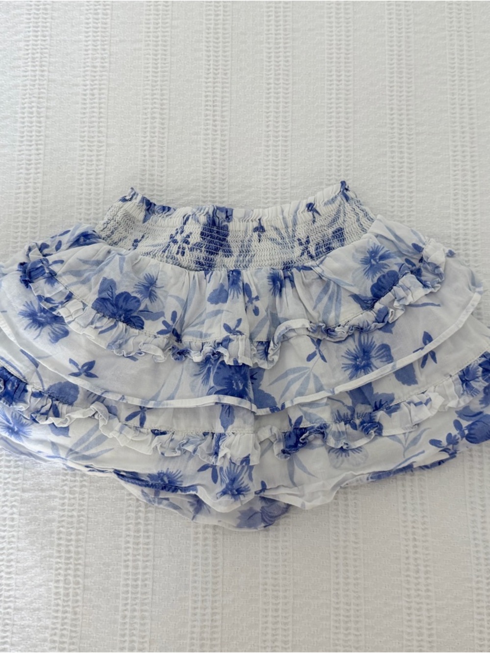 LoveShackFancy White and Blue Floral Ruffle Skirt